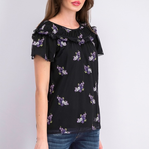Michael Kors Tops - Michael Kors Black Floral Embroidered Short Sleeve Blouse Top Women Medium NEW
